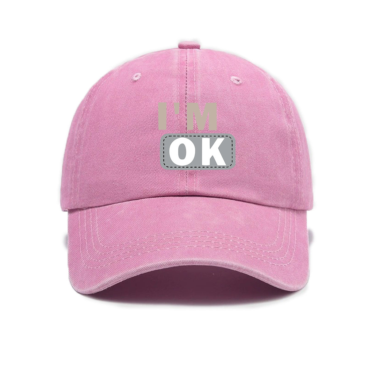 1 Washed Distressed Printed Baseball Cap for Adults, Simple "I'M OK" Letter Print, Washed Distressed Soft Top Sun Baseball Cap, Unisex Baseball Cap