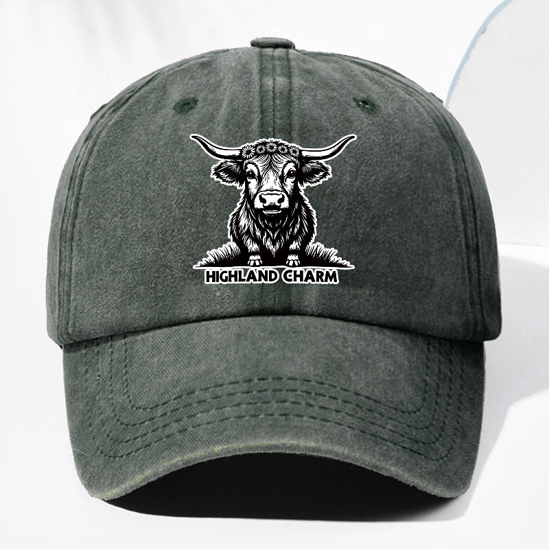 Unisex Small Cow HIGHLAND CHARM Animal Print Washed Vintage Baseball Cap Fashion Men Women Sun Hat Adjustable Size Trucker Hat Suitable for All Seasons Daily Wear