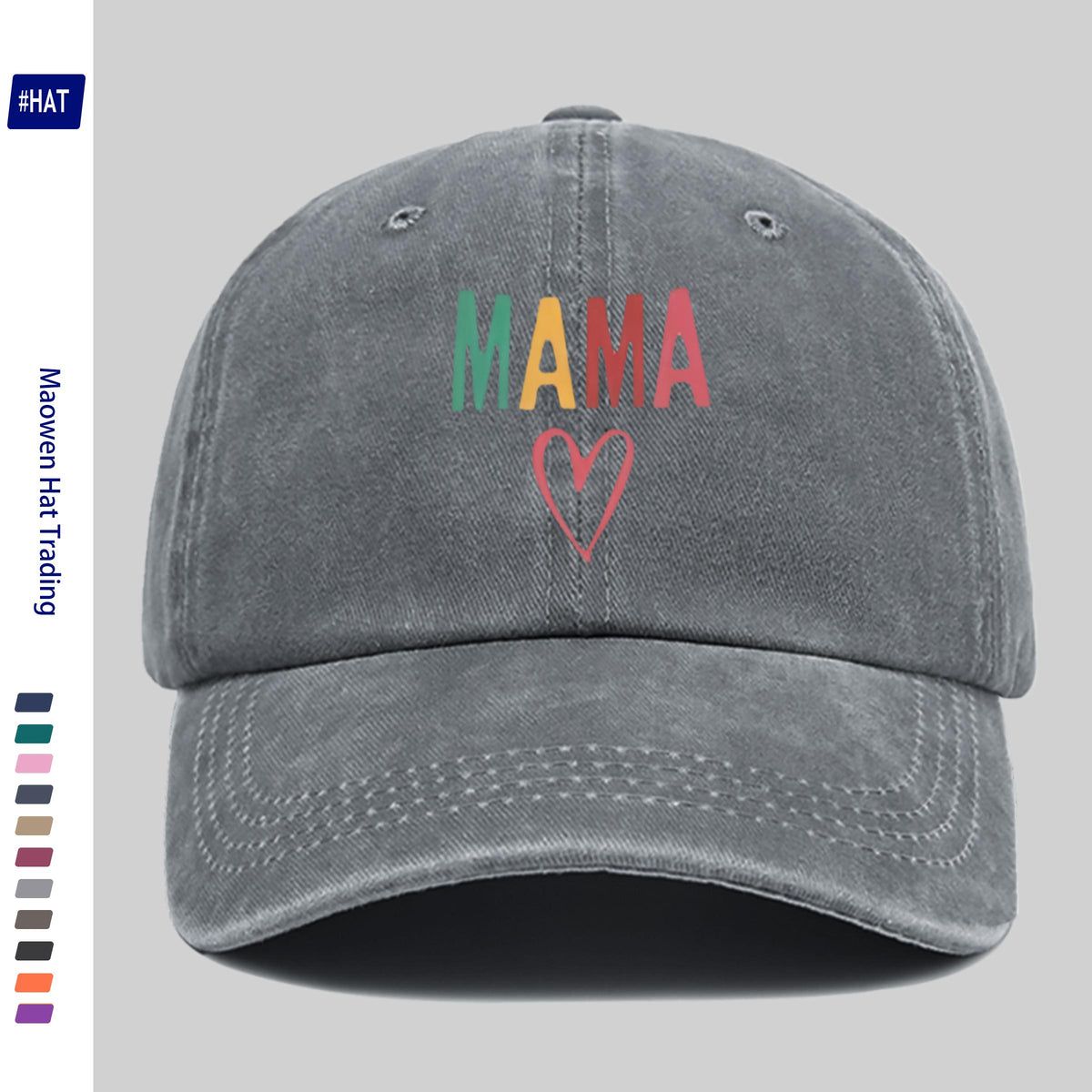 1 Vintage Washed Distressed Baseball Cap, Featuring a Fashionable and Minimalist Aesthetic, Unisex Cap with Multi-color MAMA Heart-shaped Print Design, Adjustable Size, Trendy Street Style, Trucker Dad Hat, Suitable for Outdoor Fishing, Hunting, And