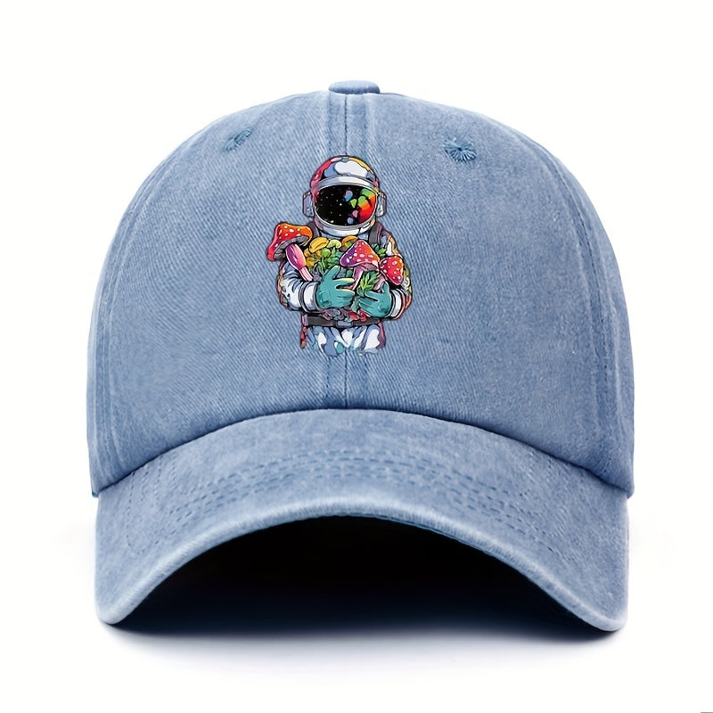 Vintage-style Astronaut Holding Various Mushroom Prints, Washed Baseball Cap, Fun Adjustable Hat