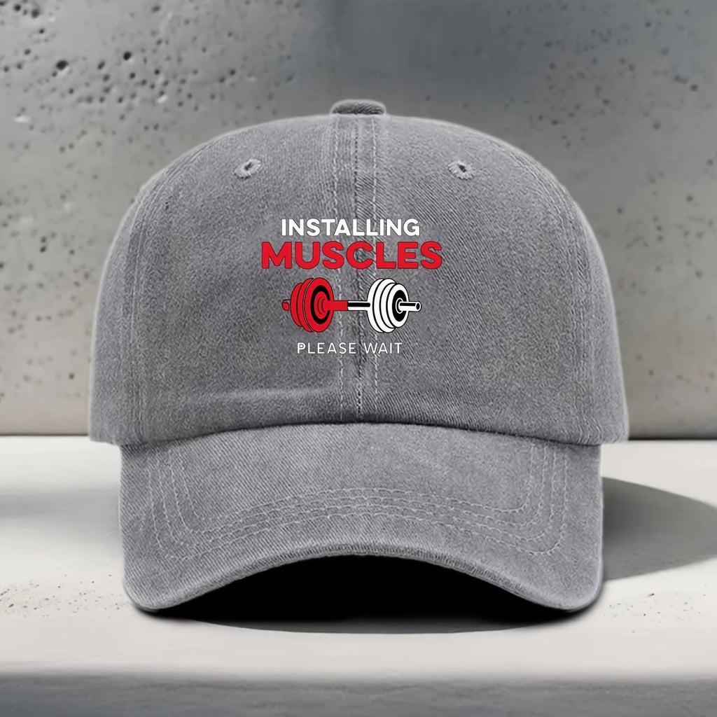 Men's & Women's Baseball Cap with INSTALLING MUSCLES & Barbell Print - Adjustable Snapback Gym Hat Suitable for Fitness, Yoga, Outdoor Sports, Casual Wear - Lightweight Washed Curved Brim Unisex Cap for Gymnastics, Travel, Parties