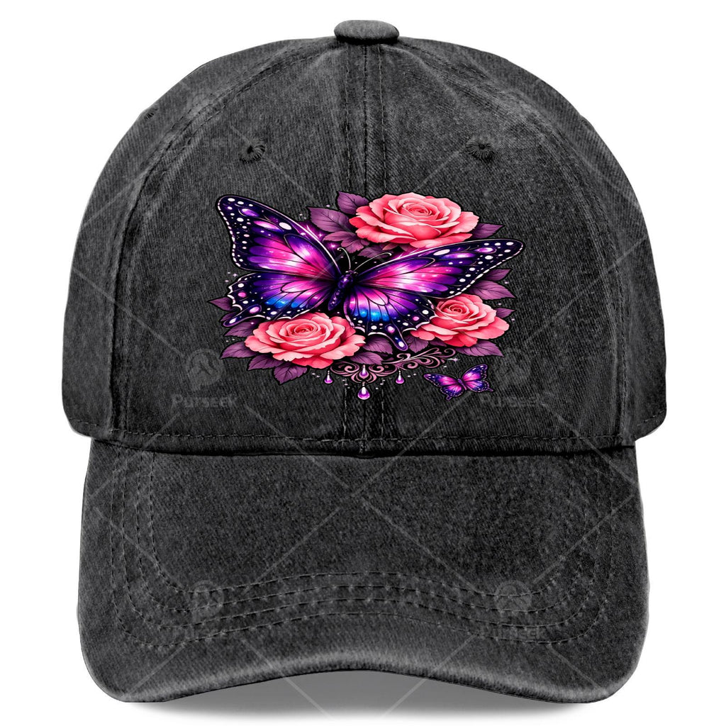 Men' & Women' Classic Baseball Cap with Butterfly & Purple Rose Print - Adjustable Pull-String Closure, Machine Washable Sporty Hat Suitable for Butterfly Enthusiasts, Casual Wear, Outdoor Activities, Gift