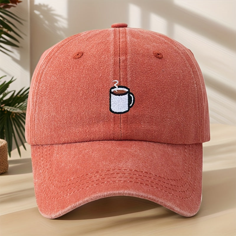 High-Quality Baseball Cap with Coffee Cup Embroidery, Lightweight, Soft, Comfortable, Sweat-Absorbing, Breathable, Classic Washed Vintage Hat for Outdoor Leisure, Sports, Shopping, Vacation, Camping, Sun Protection