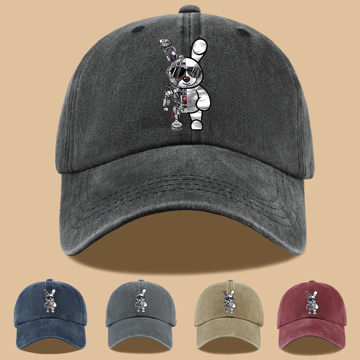 1pc Trendy Creative Cyberpunk Style Mechanical Rabbit Pattern Printed Baseball Cap, Lightweight Comfortable Breathable Sun Hat, Fashionable Easy Aesthetic Men And Women'S Cap, Adjustable Size, Trucker Dad Hat, Mom'S Beach Vacation Hat