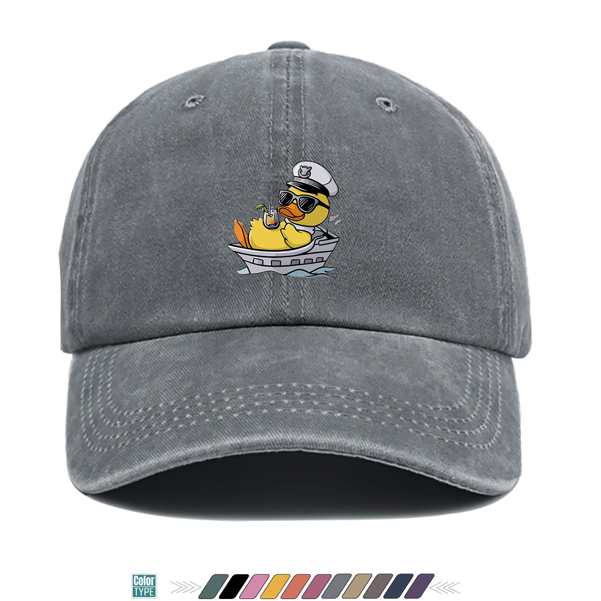 1pc Cartoon Captain Duck Printed Baseball Cap, Yellow Duck Wearing Captain Hat And Glasses, Sitting on Yacht with Drink, Fun Trendy Sun Hat, Unisex Adjustable Casual Street Fashion Hat, Outdoor Play Vacation Hat, Beach Seaside Sunshade Hat