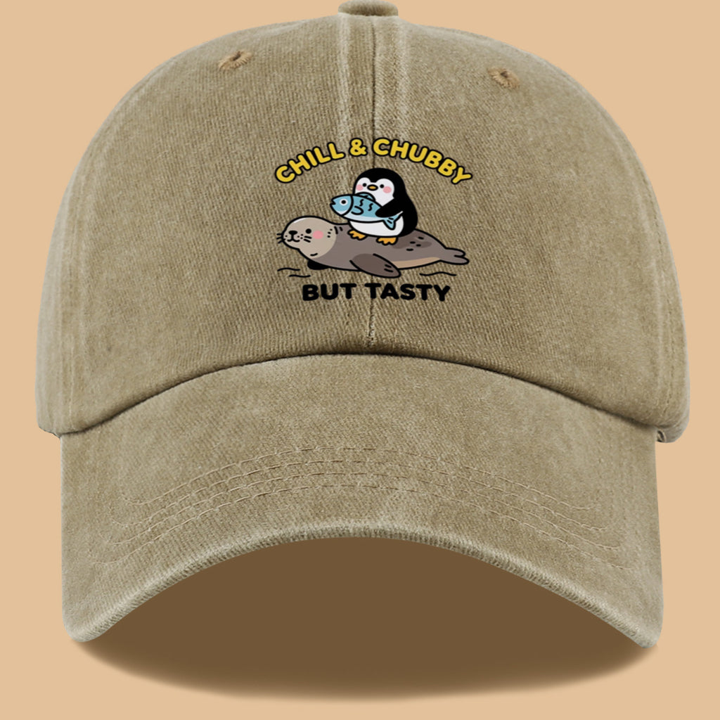1pc 1pcs "CHILL & CHUBBY BUT TASTY" Penguin Hugging Fish on Seal Print Baseball Cap - Cute Duckbill Cap Suitable for Daily Outfits, Beach Vacations, Student Style, Adjustable Unisex Hat for &, Creative, Park Picnics