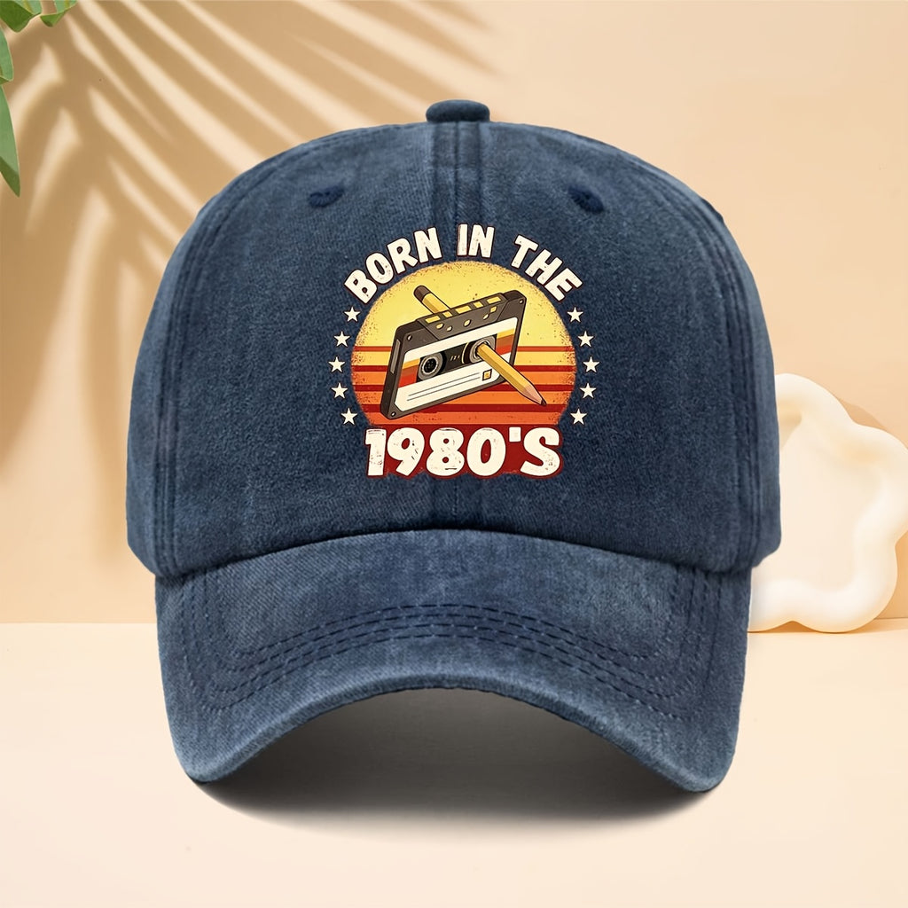 A Washed Baseball Cap with the Print "BORN IN THE 1980S". This Versatile Trucker Hat Features a Soft Crown and Curved Brim for a Comfortable Fit That Conforms to the Head. Its Relaxed, Street-style Design Is Adjustable and Suitable for Both Men