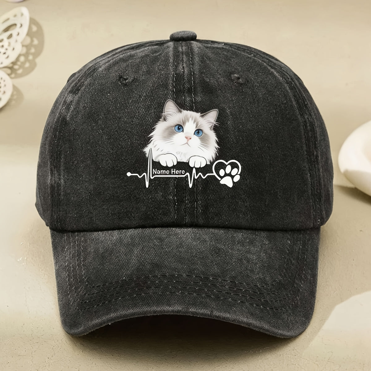 Cute Cat Paw & Heartbeat Print Baseball Cap for Men & Women - Vintage Retro Hat with Paw Print, Machine Washable, Adjustable Pull String Closure, Suitable for Casual Streetwear, Gifts for Cat Lovers