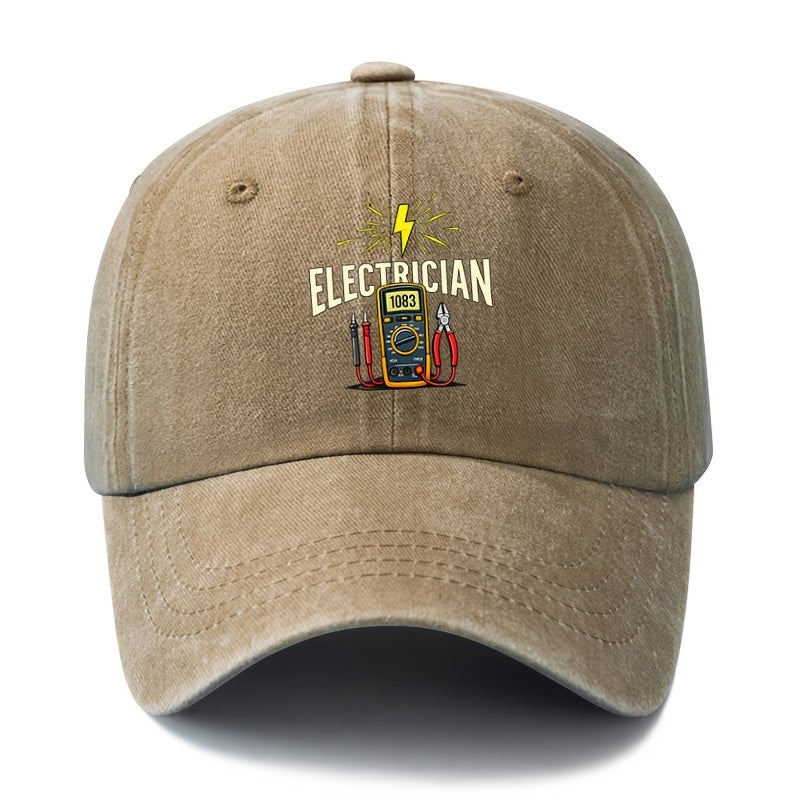 A Stylish And Versatile Unisex ELECTRICIAN Baseball Cap with a Printed Design, Featuring a Classic Retro Washed Look. This Lightweight Outdoor Cap Is Perfect for Truck Drivers And Suitable for Casual Occasions Like Outdoor Vacations, Camping