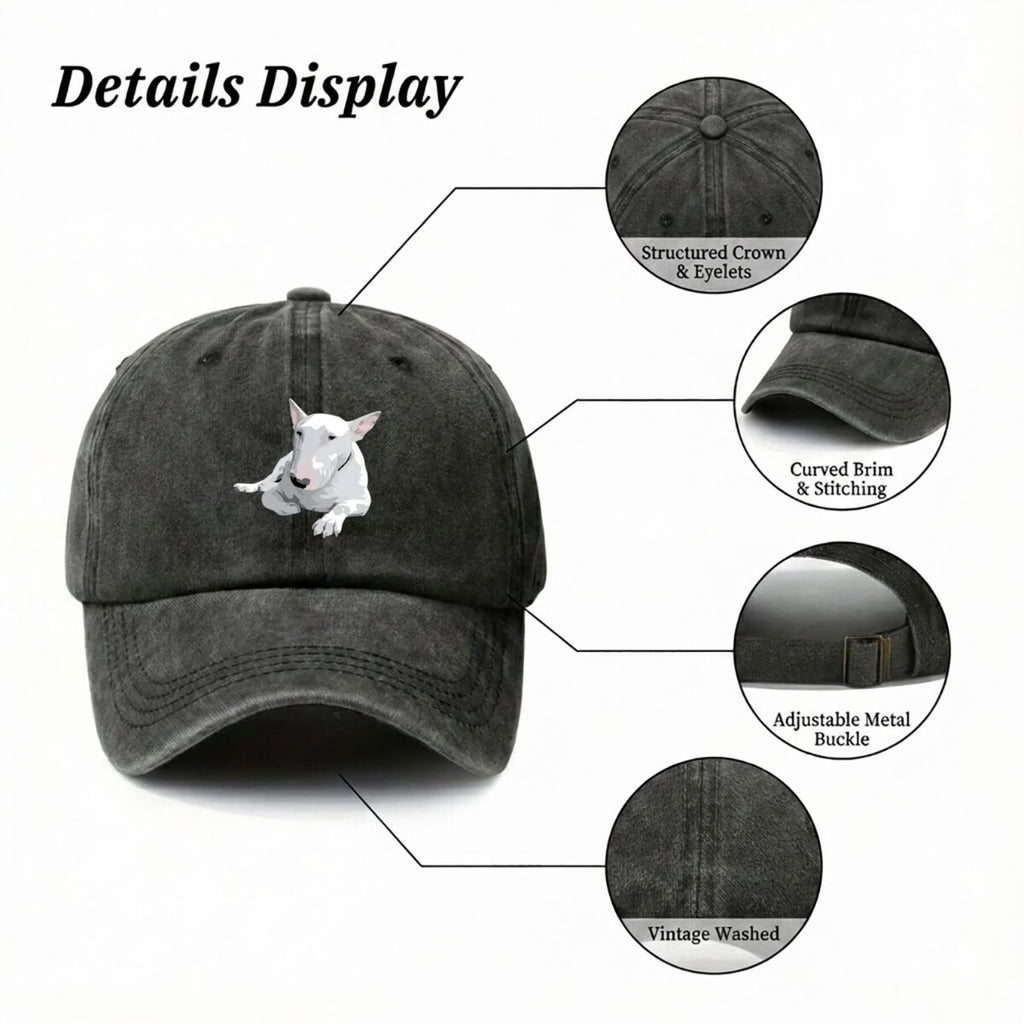 Bull Terrier Realistic White Bull Terrier Pet Portrait Art American-Style Printed Baseball Cap Vintage Washed Distressed Unisex Spring And Autumn Outdoor Sun Hat Personalized Trendy Hip-Hop Duckbill Cap