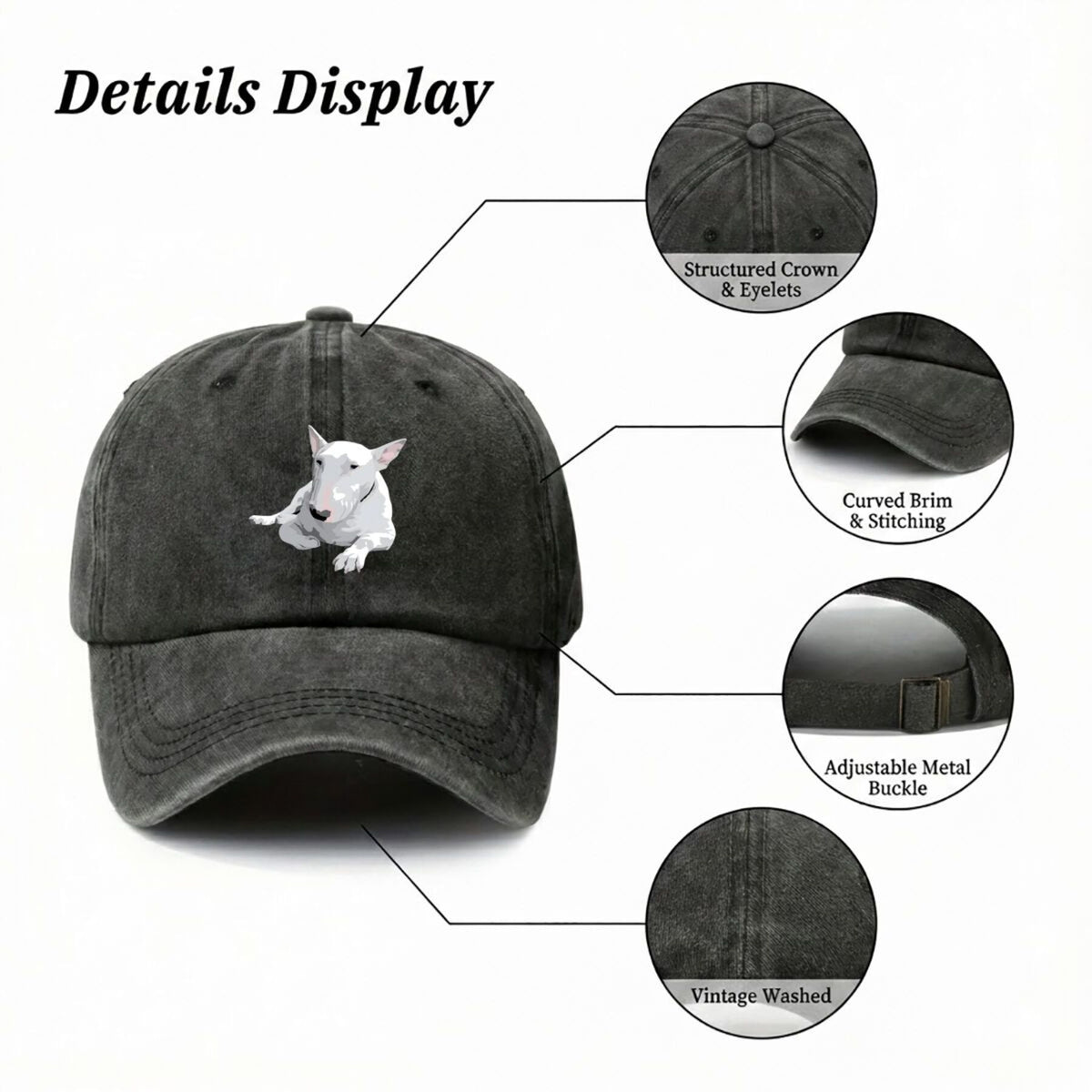 Bull Terrier Realistic White Bull Terrier Pet Portrait Art American-Style Printed Baseball Cap Vintage Washed Distressed Unisex Spring And Autumn Outdoor Sun Hat Personalized Trendy Hip-Hop Duckbill Cap