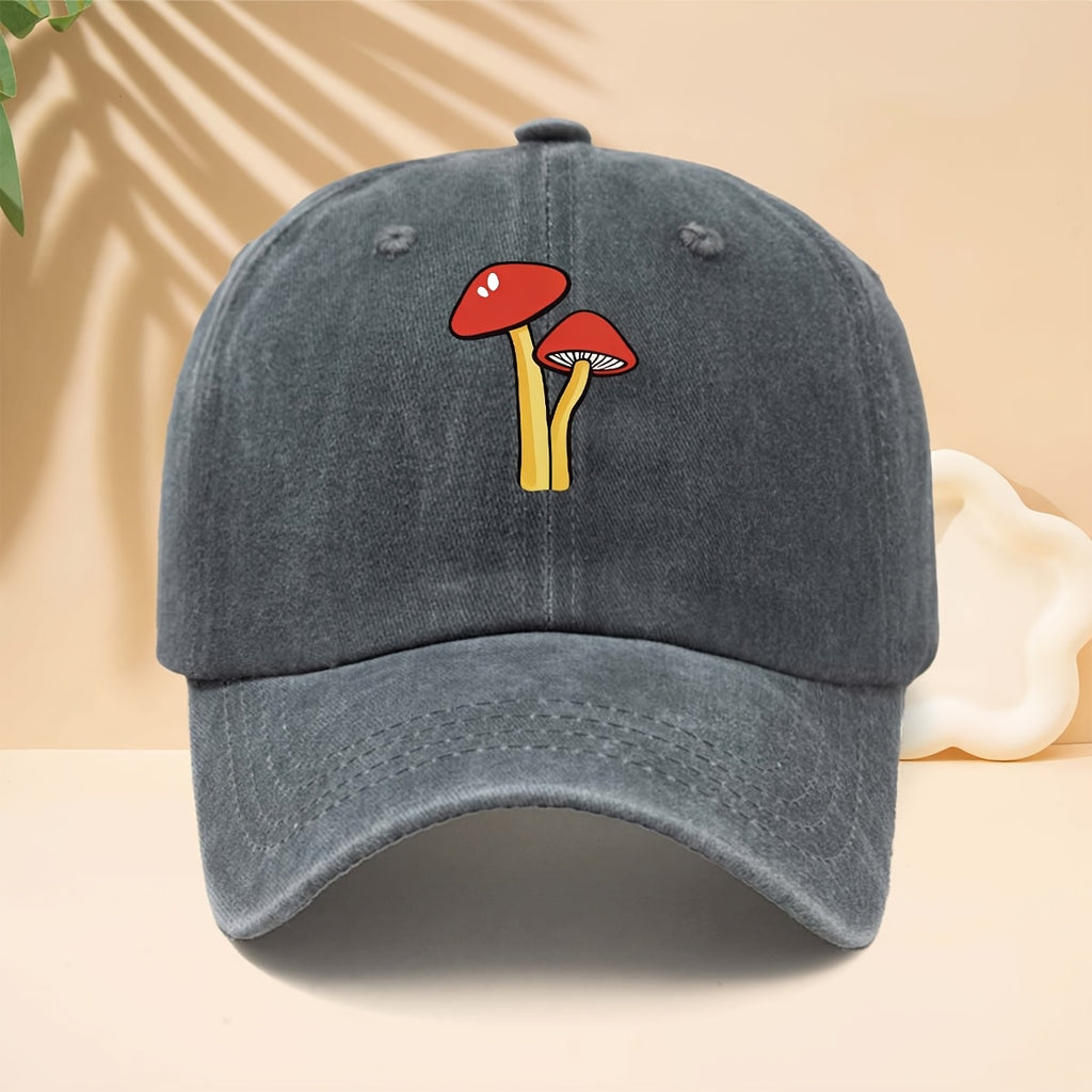 Baseball Cap with Red And White Cartoon Mushroom Print, American Forest Style Healing High Street Style Duckbill Cap Adjustable Size Unisex Casual Hat Versatile Neutral Style All-Season Curved Brim Hat for Walking, Gatherings, Shopping, Dates