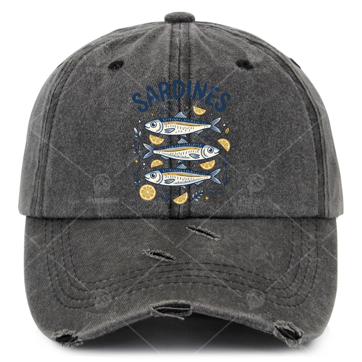 Men's Sardine-Themed Trucker Hat - Distressed Wash Baseball Cap with Sardine Print, Elastic Strap & Machine Washable Suitable for Casual Wear, Fishing Trips, Outdoor Activities, Nautical Cap for Sardine Lovers