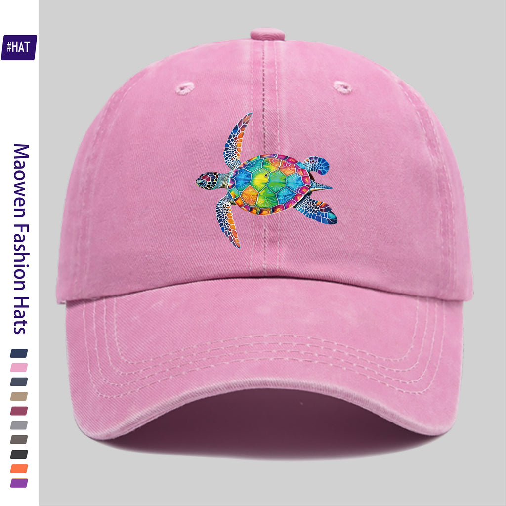 Washed Baseball Cap with Colorful Turtle Pattern Heat Transfer Design, New Vintage Style Cap for Autumn And Winter, Unisex, Adjustable, Lightweight Outdoor Cap, Suitable for All Seasons, Ideal for Travel And Leisure, Suitable for Sports