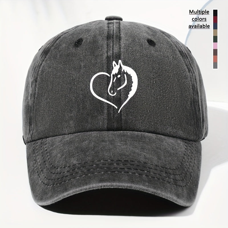 Unisex Heart Horse Head Print Washed Vintage Baseball Cap Fashion Men Women Sun Hat Adjustable Size Trucker Cap Suitable for All Seasons Daily Wear