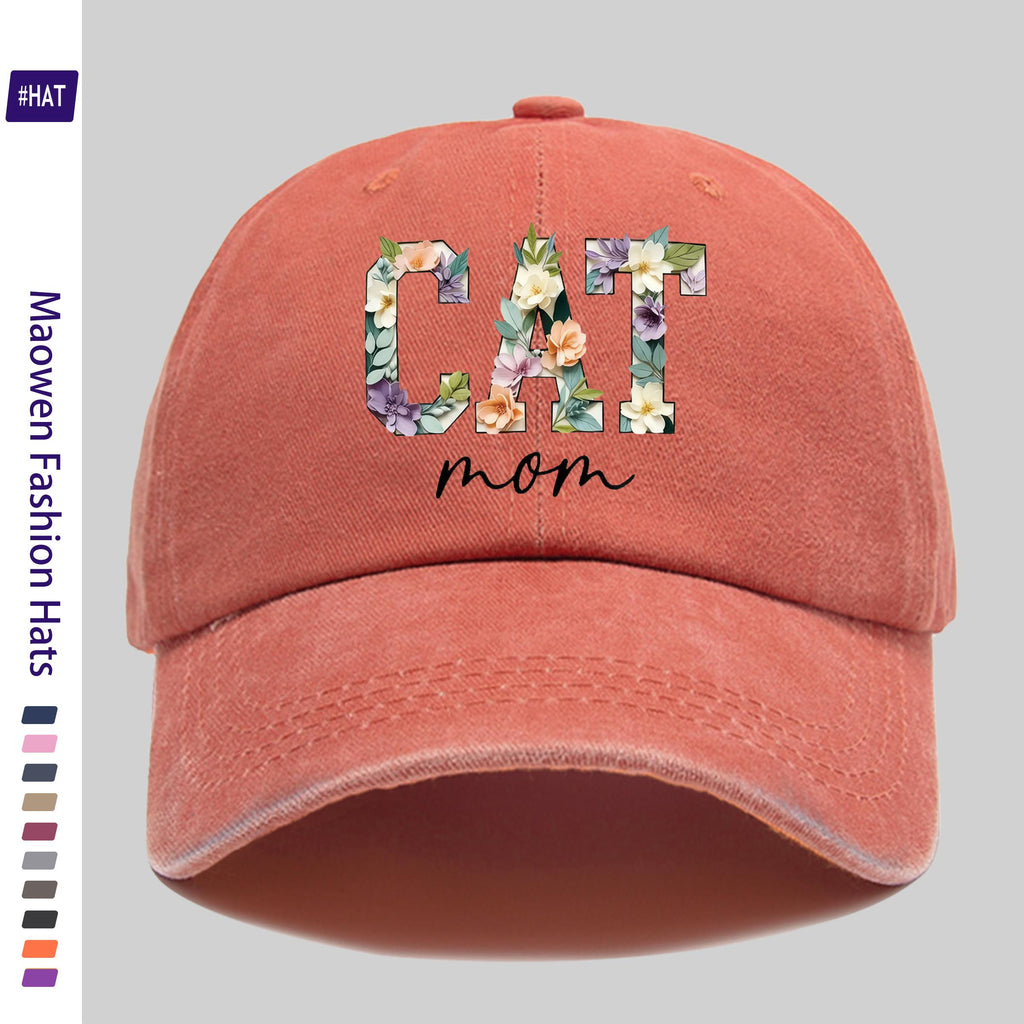 1 Washed Baseball Cap, Featuring a Floral Cat Mom Theme Iron-on Transfer Print Design, Vintage-style Distressed Baseball Cap for Autumn, Unisex Lightweight Outdoor Cap, Suitable for All-season Travel and Leisure, Adjustable Size Trucker Dad Hat, Idea