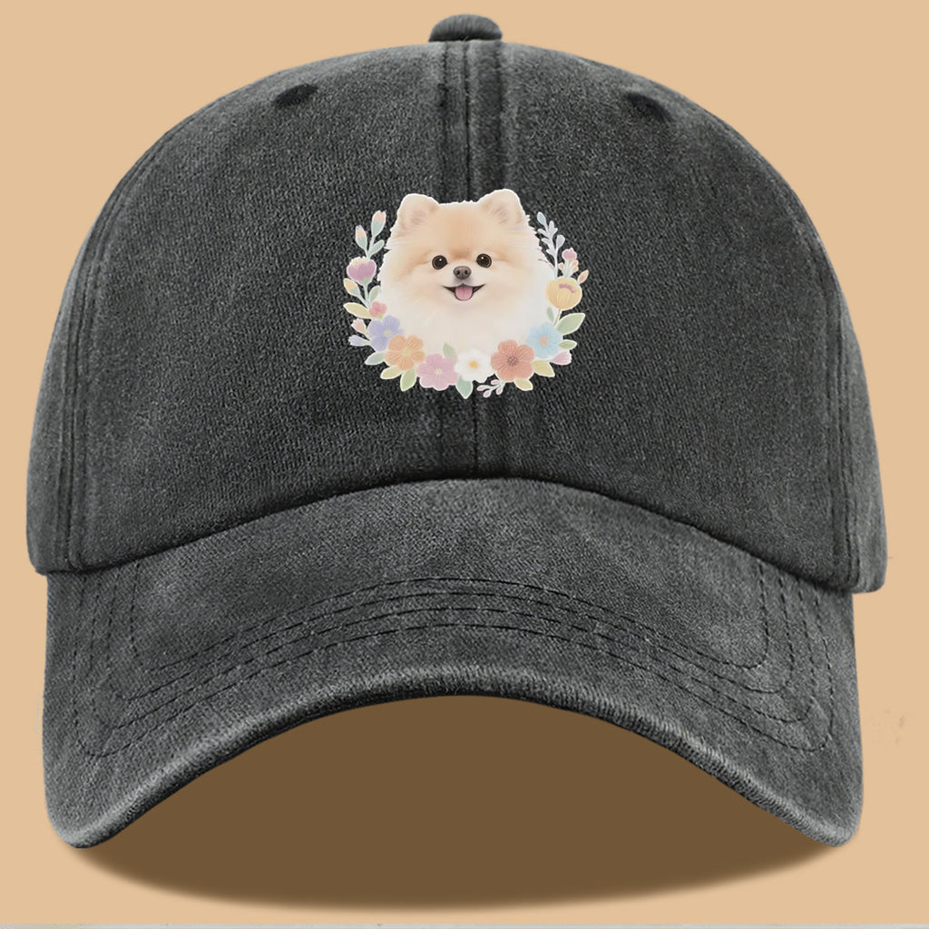 1pc Cute Pomeranian Dog Floral Surround Print Baseball Cap, Adorable Cartoon Breathable Sun Hat, Fashionable Fresh Aesthetic Unisex Cap, Adjustable Size Casual Streetwear, Campus Student Hat, Suitable for Daily Commuting, Park Outings