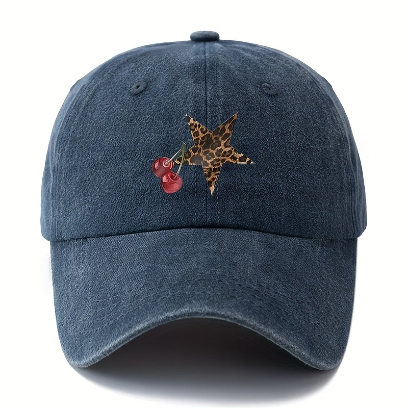 Unisex Fashion Versatile Printed Cherry Leopard Print Five-Pointed Star Baseball Cap, Classic Retro Washed Outdoor Lightweight Curved Brim Cap, Trucker Baseball Cap, Suitable for Outdoor Vacations, Travel, Camping, And Other Leisure Occasions