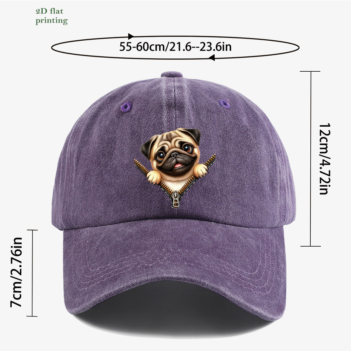1pc Pug Zipper Print Baseball Cap, Cute Animal Pattern Headwear, Fashionable and Versatile Hat Accessory, Unisex Street Style Hat with Adjustable Size, Slimming and Face-Shaping, Suitable for Daily Outings, Parties, Dates, Shopping, Outings