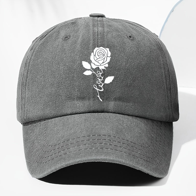 Unisex Rose Love Print Washed Vintage Baseball Cap Fashion Men Women Sunshade Outdoor Hat Adjustable Hat Trucker Cap Suitable for All Seasons Daily Wear