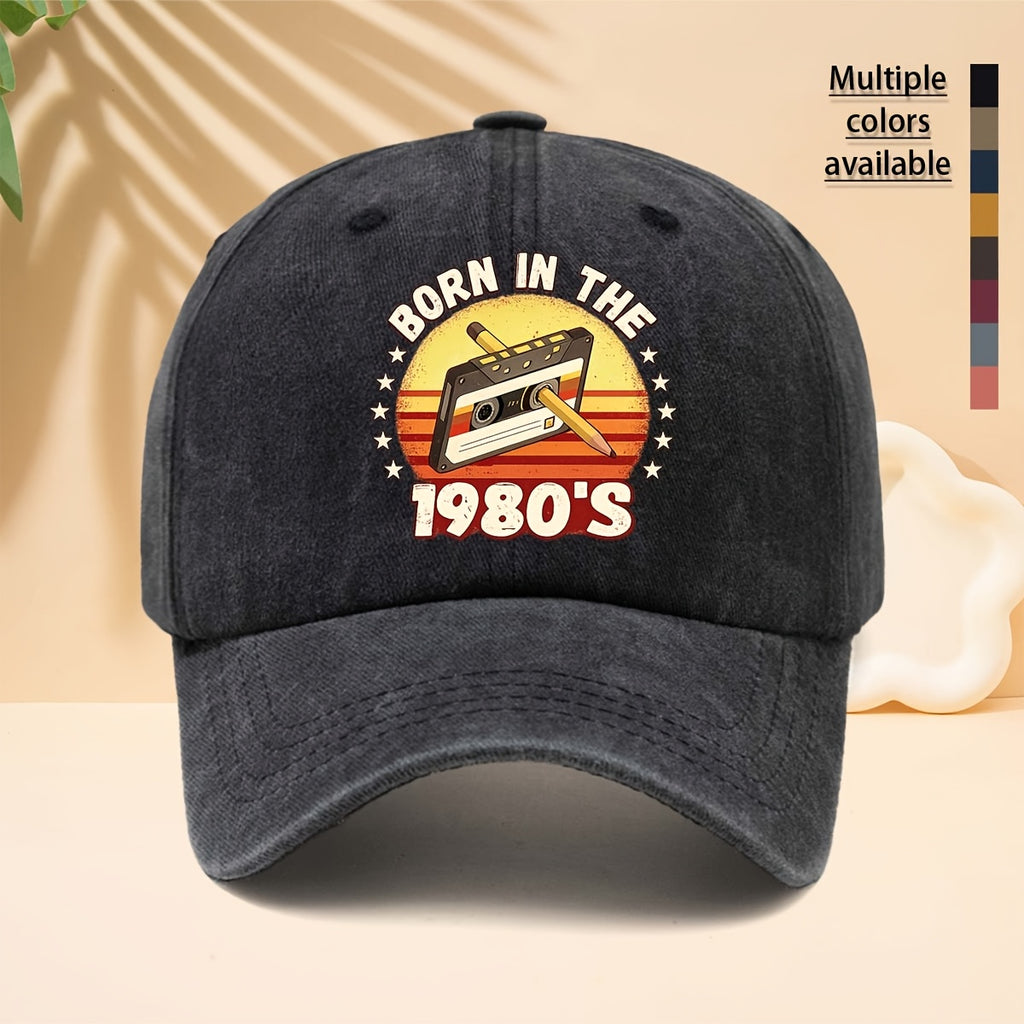 A Washed Baseball Cap with the Print "BORN IN THE 1980S". This Versatile Trucker Hat Features a Soft Crown and Curved Brim for a Comfortable Fit That Conforms to the Head. Its Relaxed, Street-style Design Is Adjustable and Suitable for Both Men