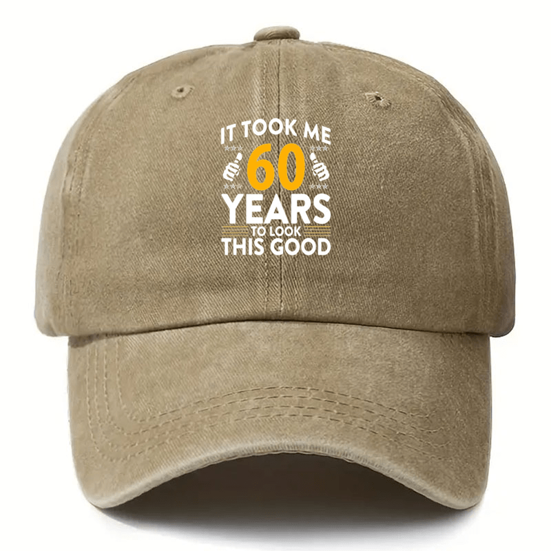 Vintage Distressed Baseball Cap Compatible for Golf & Outdoor - 'It Takes Me 60 Years to Look This Good' Print, Adjustable Unisex Hat with Breathable Black Fabric & Yellow/White Lettering, Funny Aged Look for Seniors & Casual Wearers