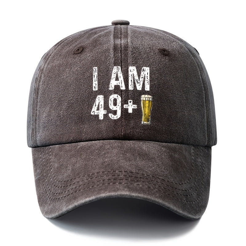 Unisex Fashion Versatile Printed I AM 49+ Beer Baseball Cap, Classic Retro Washed Outdoor Lightweight Curved Cap, Trucker Hat, Suitable for Outdoor Vacation Travel Camping And Other Casual Occasions, Holiday Party Hip-Hop Hat