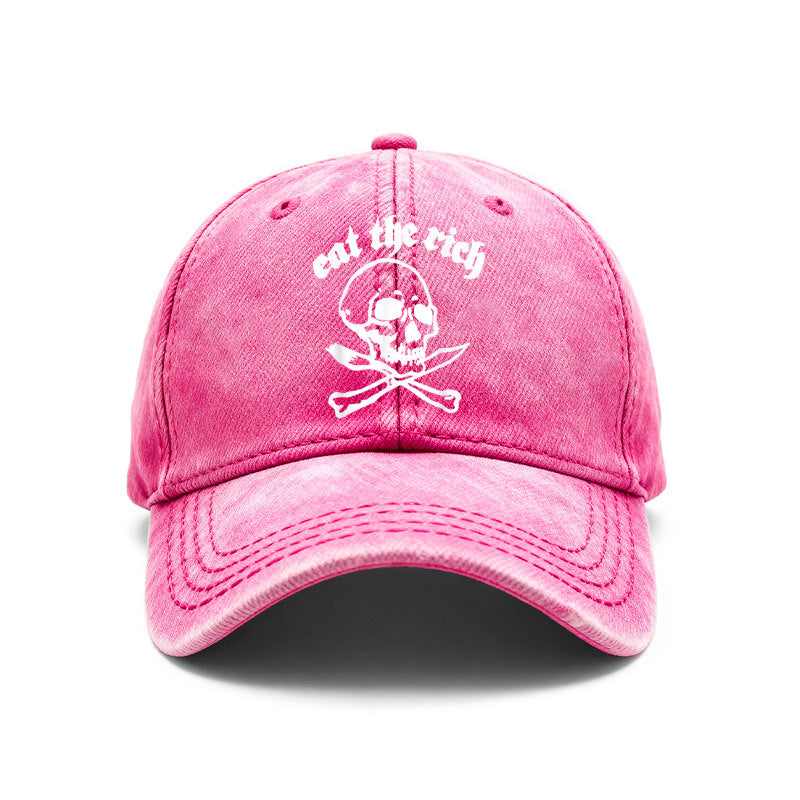 1pc Gothic Punk Baseball with Eat The Rich Skull Print - Adjustable Unisex Hat Suitable for Men & Women, Vintage Washed Design for Outdoor, Casual Wear, Gifts for Goth Subculture Fashion, Iconic Gothic Style