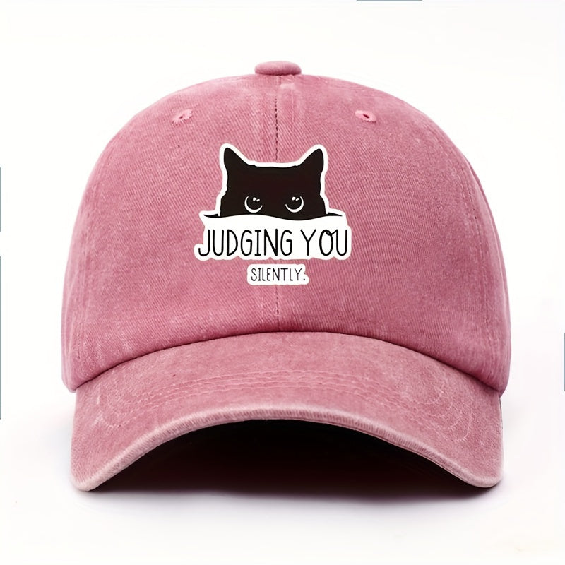 Vintage-Style Adjustable Baseball Cap Featuring a Cat Design with The Words "Silently Judging You"