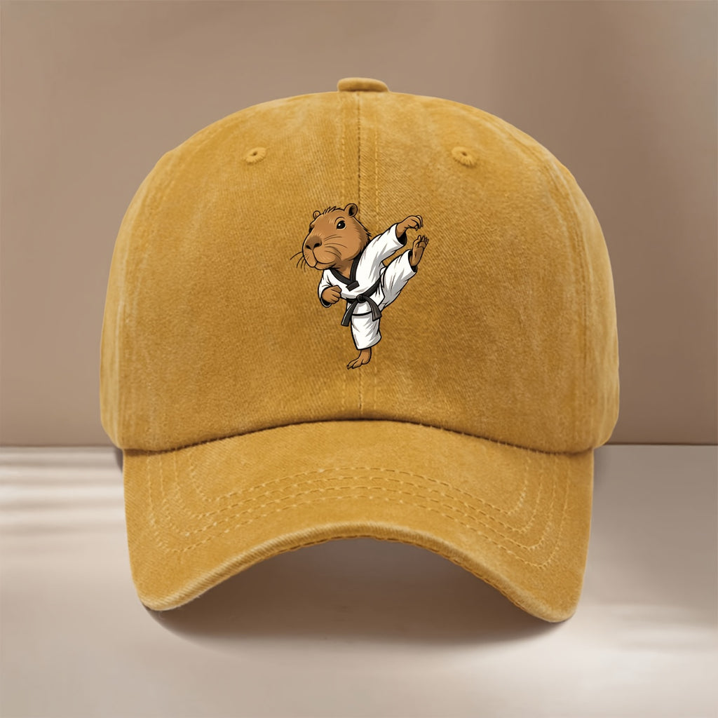 This Is a Comfortable And Stylish Baseball Cap Featuring a Capybara Design Related to Taekwondo. It Has an Adjustable Size, Suitable for Both Men And Women, And Is Lightweight And Trendy. Perfect for Outdoor Activities, Gatherings, And Camping