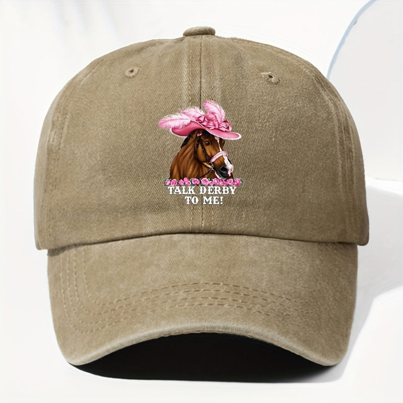 Unisex Adjustable Baseball Cap, Pink Horse Pattern with "Talk Derby to Me!" Print - Lightweight 100%, Machine Washable Vintage Design, Ideal for Casual Outdoor And Daily Wear