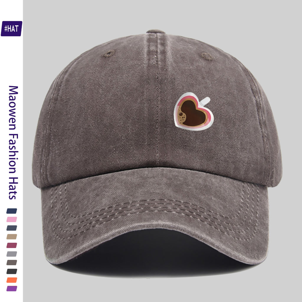 Adjustable Unisex Summer Baseball Cap with Washed Vintage Brim And Distressed Design, Featuring a Distinctive Heart-Shaped Coffee Cup Print, Embodiment of Italian-Style Retro Aesthetics. This Street-Style Skateboard Retro Snapback Hat Is Durable