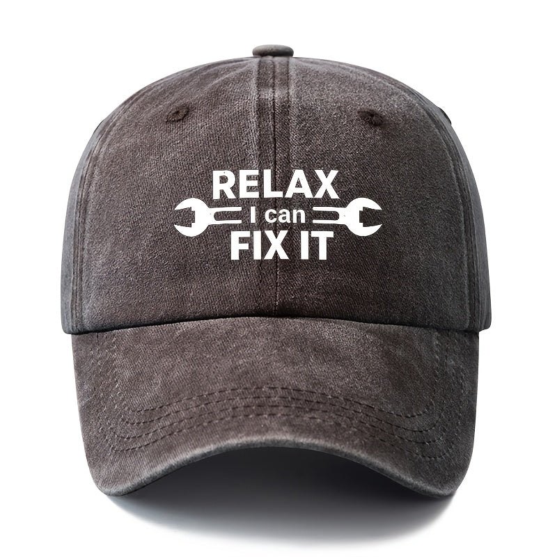 A Unisex Fashionable and Versatile Printed RELAX FIX IT Baseball Cap, Featuring a Classic Vintage Washed Lightweight Curved Brim. This Trucker Baseball Cap Is Suitable for Casual Occasions Such as Outdoor Vacations, Travel, and Camping. It Also Works