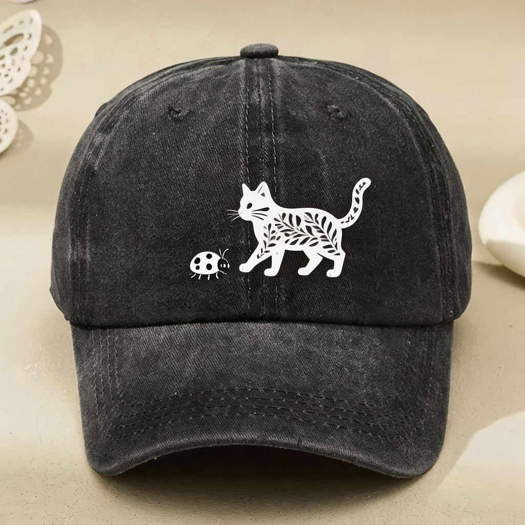 Cute Cat And Ladybug Design Vintage Black Baseball Cap for Women Men Casual Streetwear Anniversary Gift