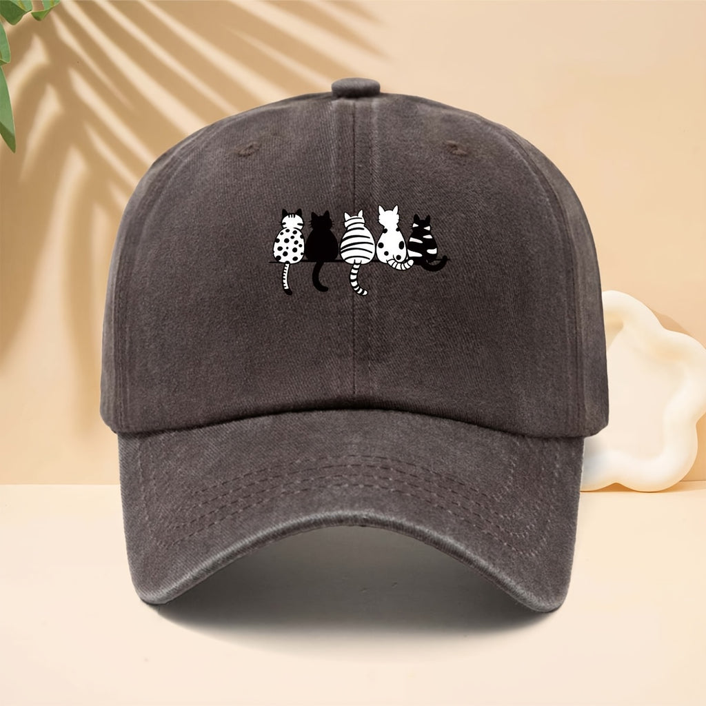 Baseball Cap with Black And White Cat Back Print, American Healing Soft Cute Cat Fun Casual Style Curved Brim Hat for Walking, Gatherings, Dates, Shopping, Vacation, Travel