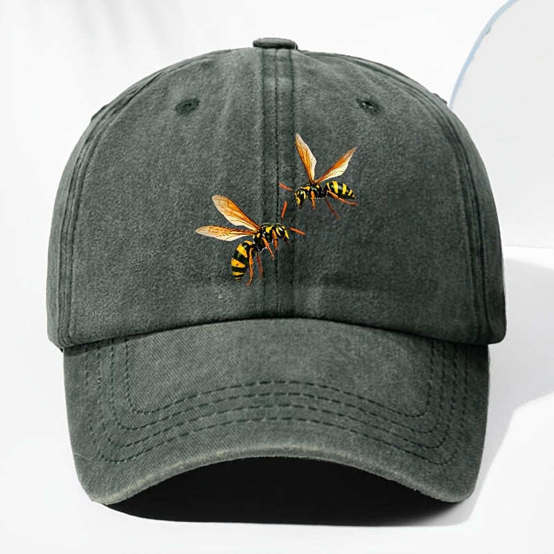 Unisex Bee Animal Print Washed Vintage Baseball Cap, Fashionable Sun Outdoor Hat for Men and Women, Adjustable Fit Trucker Hat Suitable for All Seasons and Daily Wear