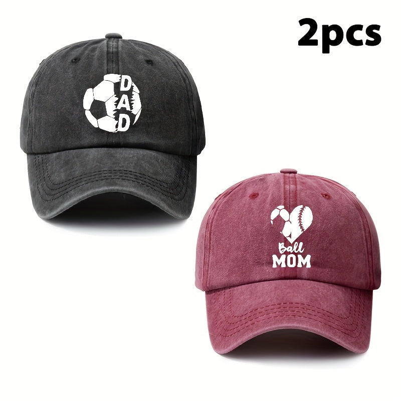 Parents' 2pcs Printed Football Heart-shaped Letter Vintage Soft-top Baseball Cap, Adjustable Style, Suitable for Daily Wear in All Seasons, an Essential Fashion Hat for Outdoor Sports, Fishing, and Camping