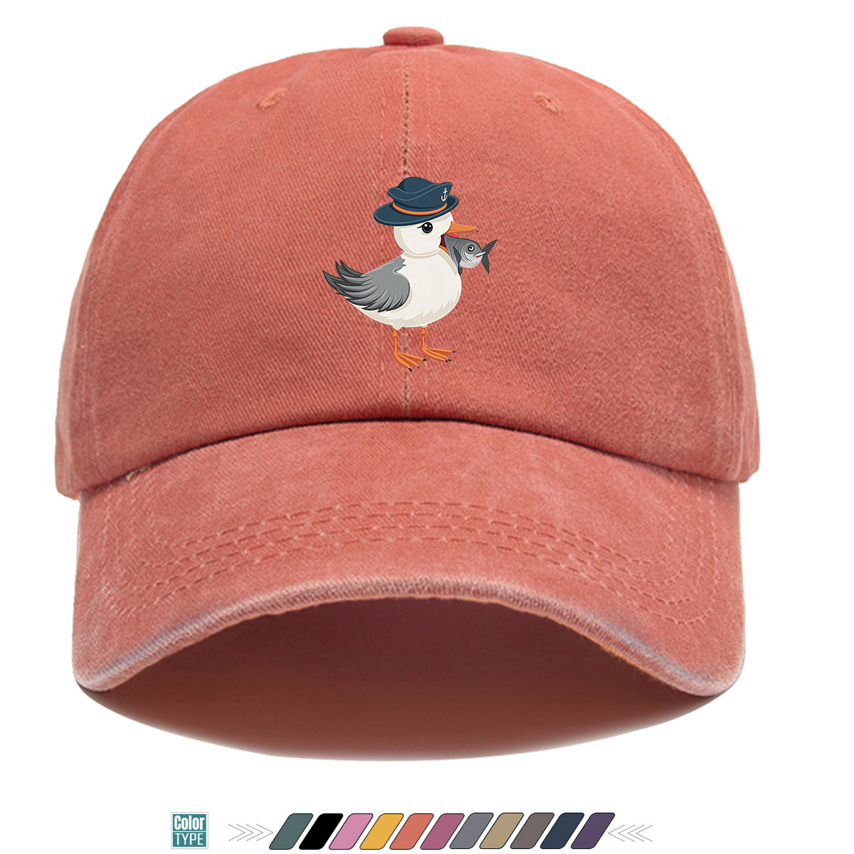 1pc Cartoon Seagull Wearing a Navy Hat with an Anchor Pattern, Holding a Fish in Its Mouth, with a Colorful Geometric Striped Background. Fun Animal Print Baseball Cap, Comfortable And Breathable Sun Hat, Stylish, Individual, And Beautiful