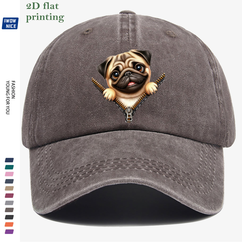 1pc Pug Zipper Print Baseball Cap, Cute Animal Pattern Headwear, Fashionable and Versatile Hat Accessory, Unisex Street Style Hat with Adjustable Size, Slimming and Face-Shaping, Suitable for Daily Outings, Parties, Dates, Shopping, Outings