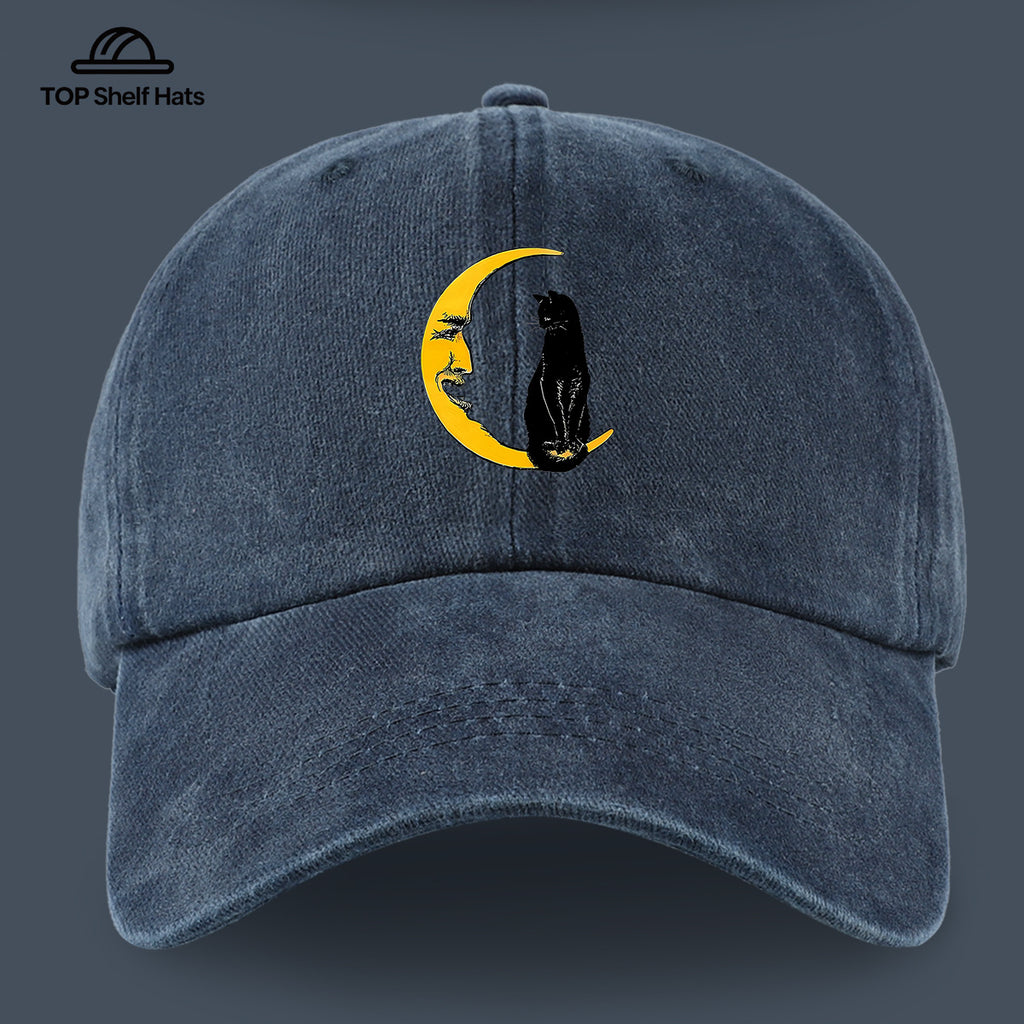 1pc Moon Cat Print Baseball Cap, Creative Illustration Sun Hat, Lightweight Comfortable Breathable Adjustable Size, Black PAPA Truck Driver Retro Dad Hat, Mom Beach Vacation Sun Hat, Youth Couple Outdoor Skate Hat