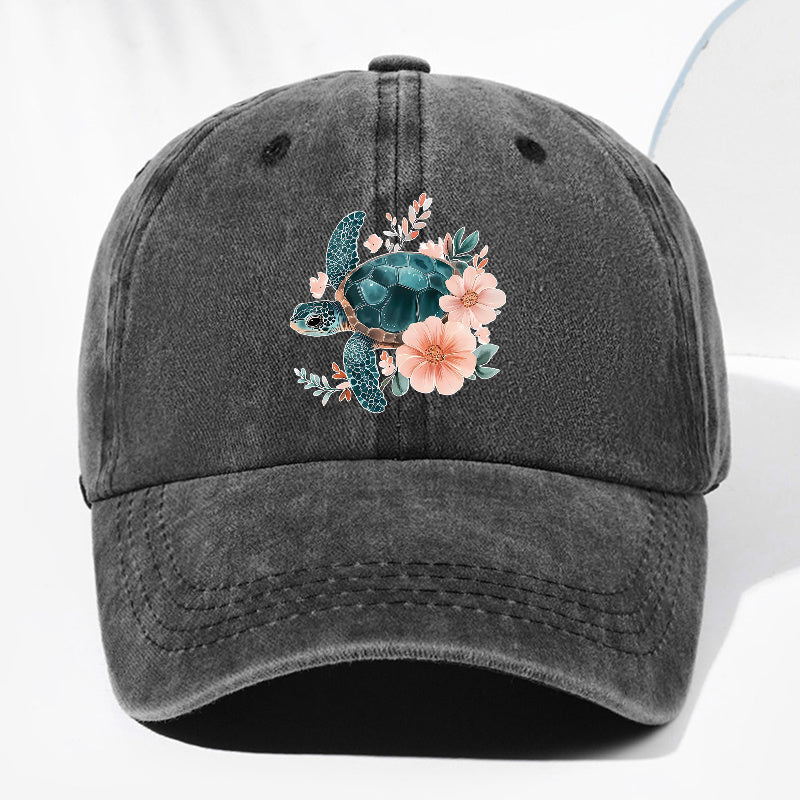 Unisex Floral Turtle Animal Print Washed Vintage Baseball Cap Fashion Men Women Sun Hat Adjustable Size Trucker Cap Suitable for All Seasons Daily Wear
