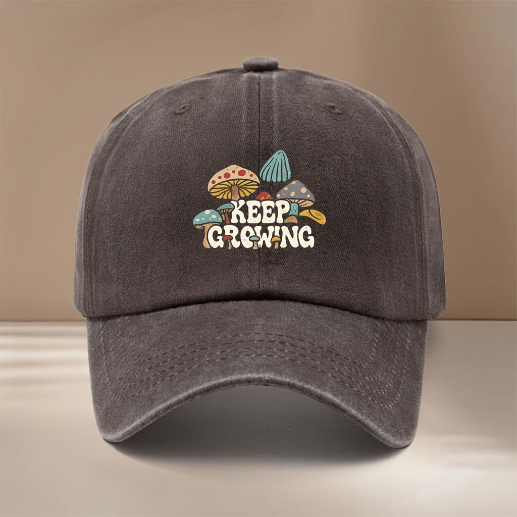 Baseball Cap with "KEEP GROWING" Text and Mushroom Pattern, Suitable for Vacations, Travel, Dinners, and Camping. Six-panel Design with Adjustable Size, Textured Hip-hop Style. Comfortable and Lightweight Curved-brim Cap, Unisex Snapback, Casual Hat