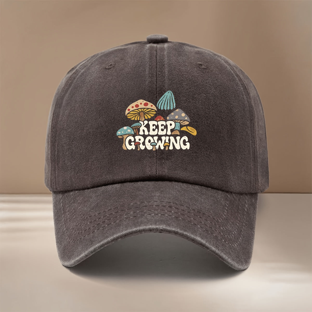 Baseball Cap with "KEEP GROWING" Text and Mushroom Pattern, Suitable for Vacations, Travel, Dinners, and Camping. Six-panel Design with Adjustable Size, Textured Hip-hop Style. Comfortable and Lightweight Curved-brim Cap, Unisex Snapback, Casual Hat