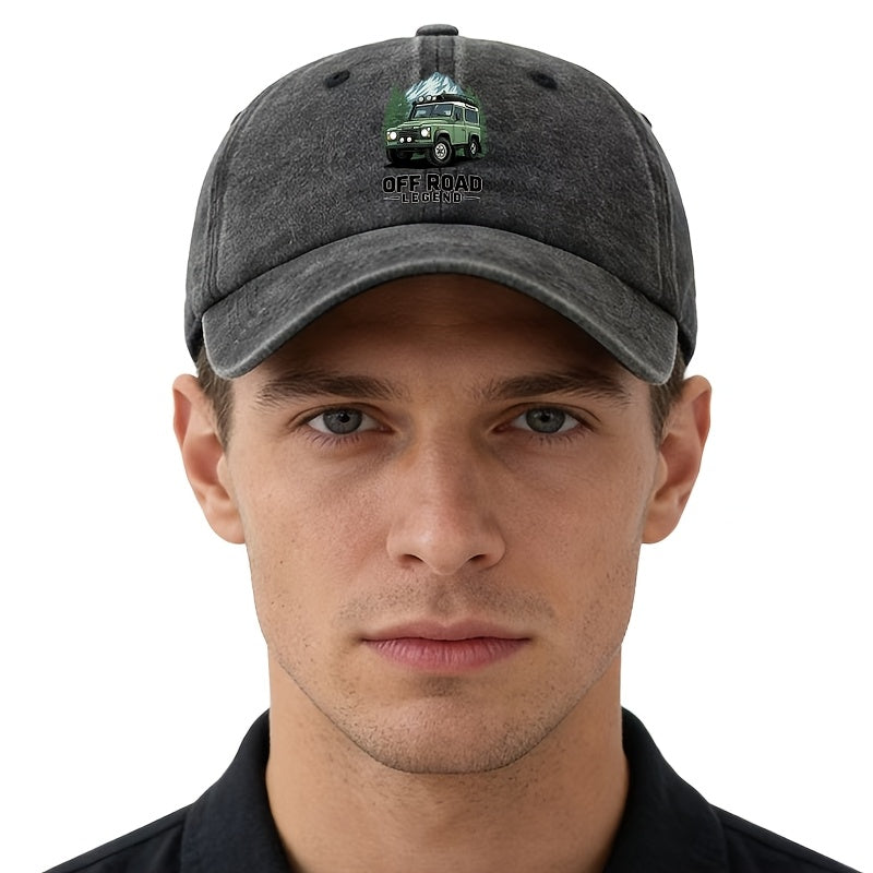 A Unisex Fashionable and Versatile Printed Off-road Vehicle Baseball Cap, Featuring a Classic Vintage Washed Outdoor Lightweight Curved Brim. This Trucker Baseball Cap Is Suitable for Casual Occasions Such as Outdoor Vacations, Travel, and Camping.