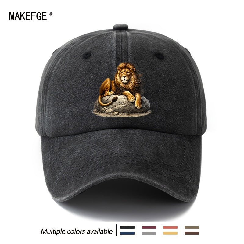 A Unisex Fashion Versatile Printed Lion Baseball Cap, a Classic Vintage Washed Outdoor Lightweight Curved-brim Hat, a Trucker Baseball Cap, Suitable for Casual Occasions Such as Outdoor Vacations, Travel, and Camping, a Holiday Party Hip-hop Hat