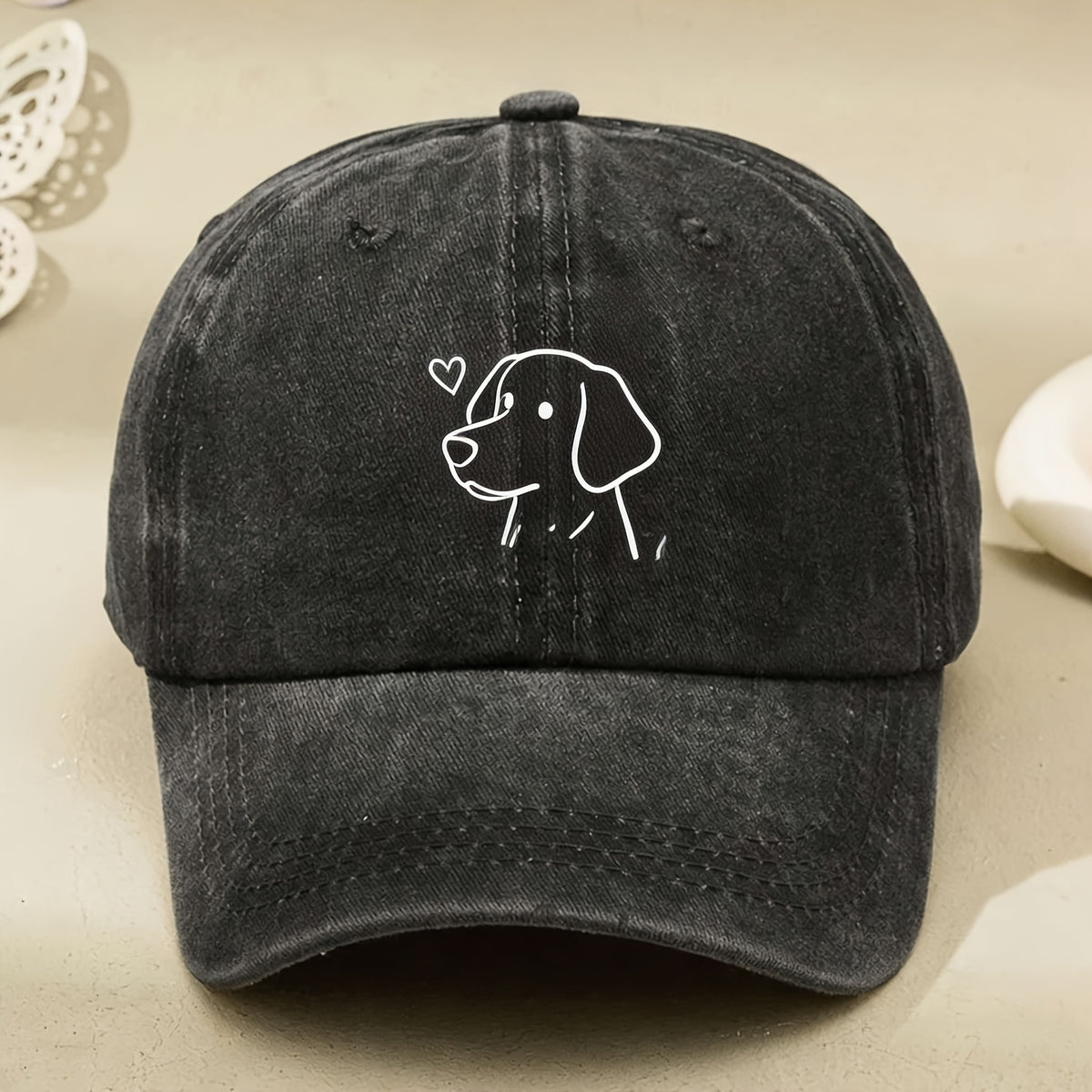 Men & Women' Black Baseball Cap with Embroidered Dog Outline & Heart - Adjustable Closure, Machine Washable Suitable for Casual Streetwear, Gifts for Pet Lovers, Cap for Casual Attire