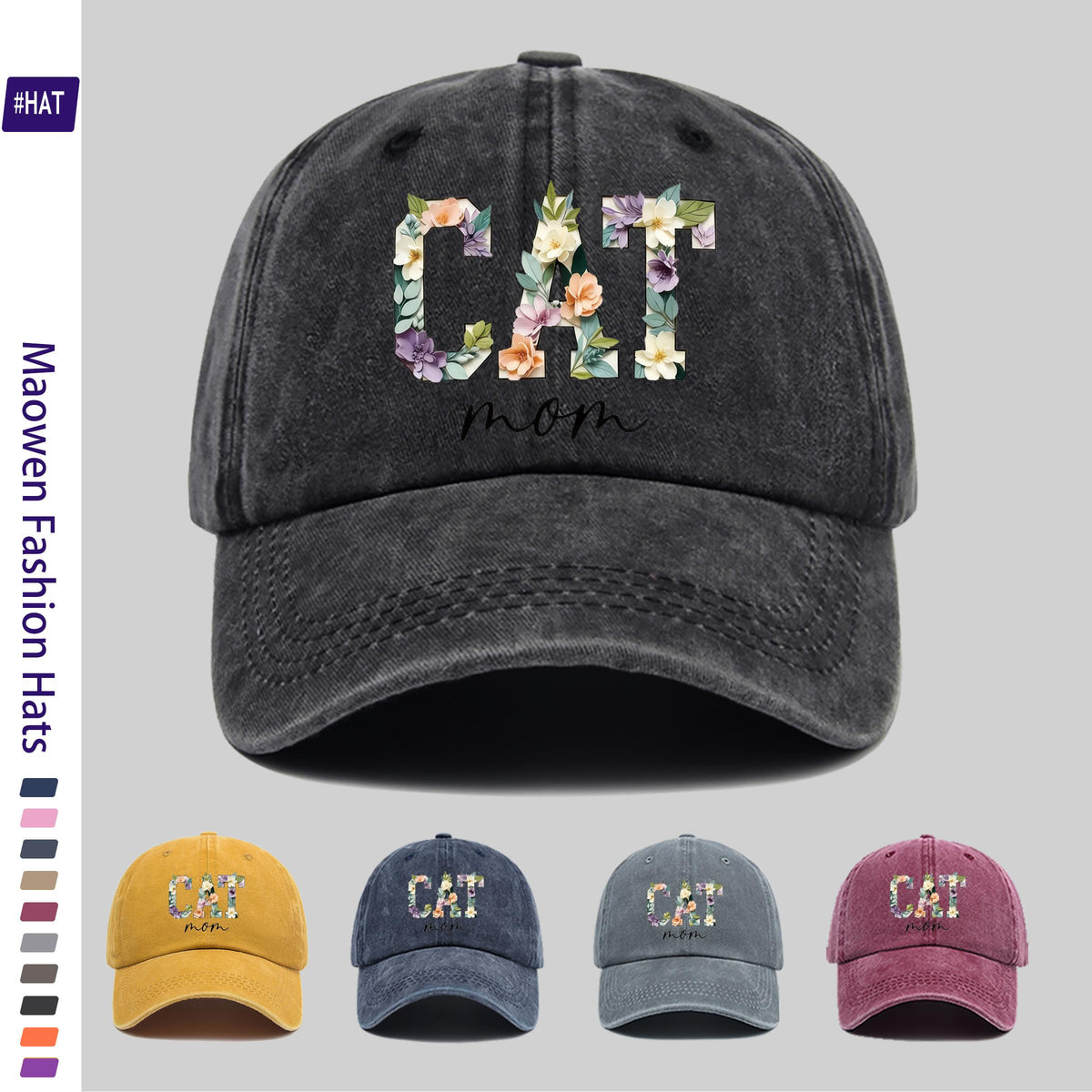 1 Washed Baseball Cap, Featuring a Floral Cat Mom Theme Iron-on Transfer Print Design, Vintage-style Distressed Baseball Cap for Autumn, Unisex Lightweight Outdoor Cap, Suitable for All-season Travel and Leisure, Adjustable Size Trucker Dad Hat, Idea