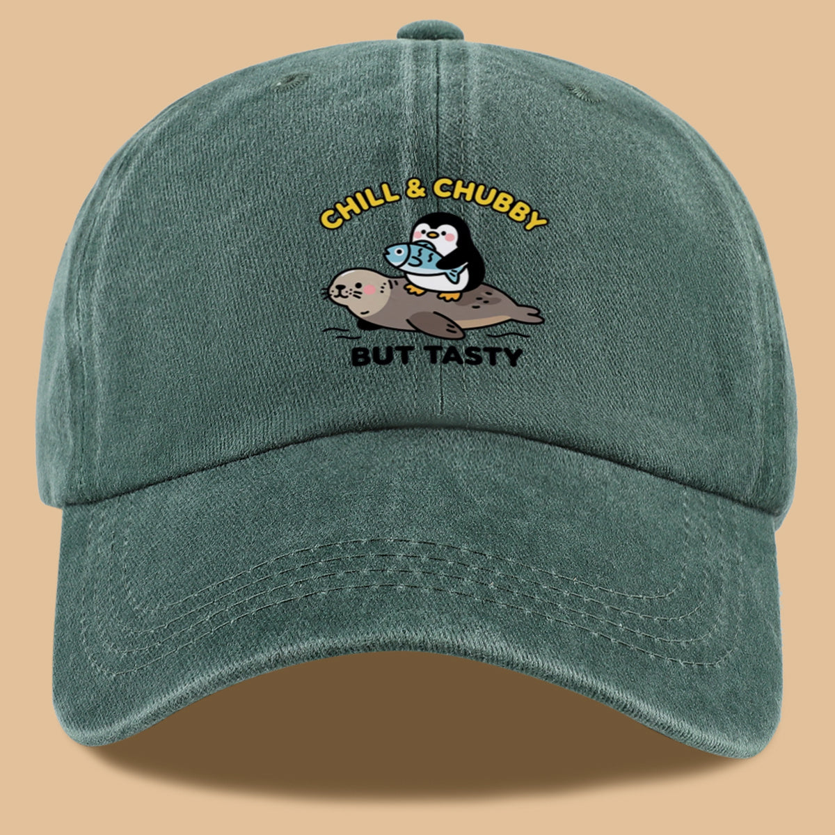 1pc 1pcs "CHILL & CHUBBY BUT TASTY" Penguin Hugging Fish on Seal Print Baseball Cap - Cute Duckbill Cap Suitable for Daily Outfits, Beach Vacations, Student Style, Adjustable Unisex Hat for &, Creative, Park Picnics