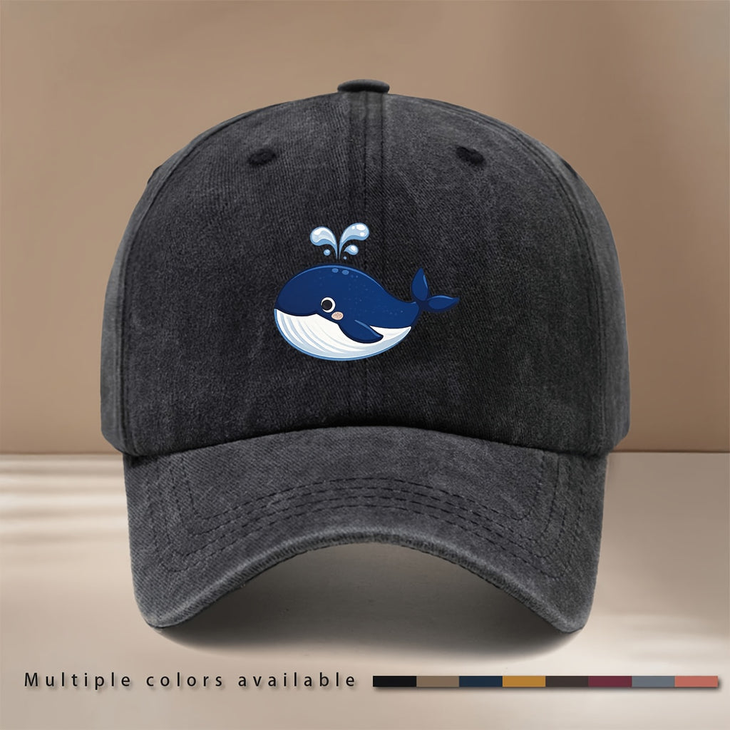 This Is a Baseball Cap with a Whale Spouting Water Graphic Print. It Is a , Lightweight, and Adjustable Casual Hat Suitable for Both Men and Women. This Stylish and Trendy Snapback Cap Is Perfect for Outdoor Sports, Dinners, Camping, and Other