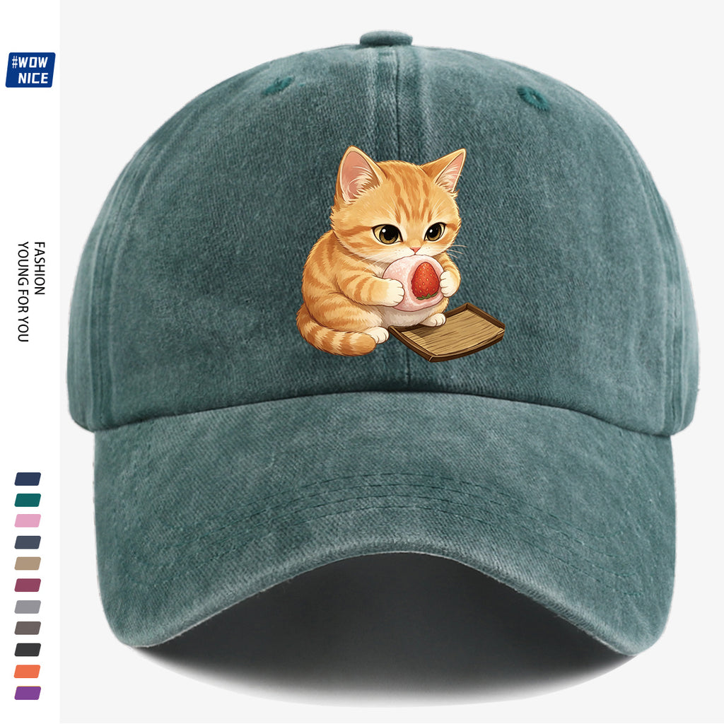 1pc Orange Striped Kitten Holding Strawberry Big Stamp Pattern Baseball Cap, Cute And Playful Fashion Casual Unisex Adjustable Size, Daily Outing, Coffee Shop Gathering, Park Stroll, Shopping Fun, Best Friend Date, Weekend Picnic, Relaxed Commute